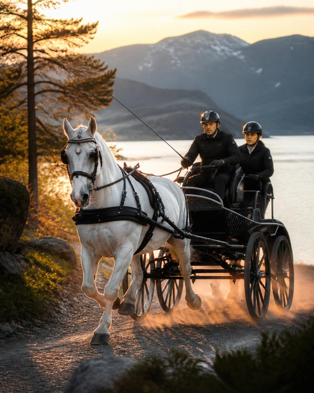 Hvit hest med maratonvogn i kveldssol ved vannet